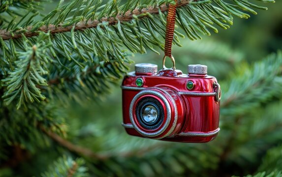 A Christmas ornament shaped like a camera, with a detailed lens and buttons, hanging from a pine tree branch. 