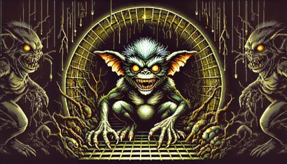 Fototapeta premium Sinister Gremlin with Glowing Eyes Lurking in Tunnel