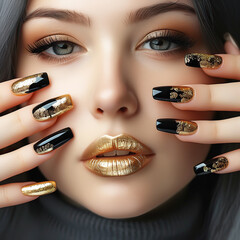 Female hand with black and gold polish on long nails on a background of a face and golden lips