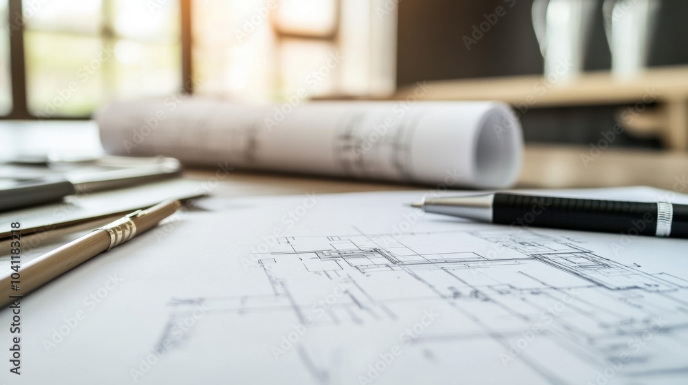 Poster architectural blueprints and tools on a workspace table.