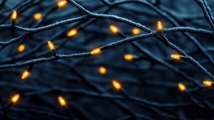Dark, frosty branches with subtle Christmas lights woven through, glowing faintly in the misty twilight