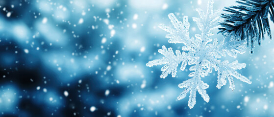 A serene winter scene featuring a snowflake against a soft blue background, capturing the beauty of the season with drifting snow.
