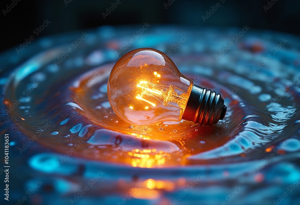Aufkleber A single lightbulb, illuminated from within, rests upon a swirling symphony of iridescent liquid, creating a dynamic spectacle of color and form