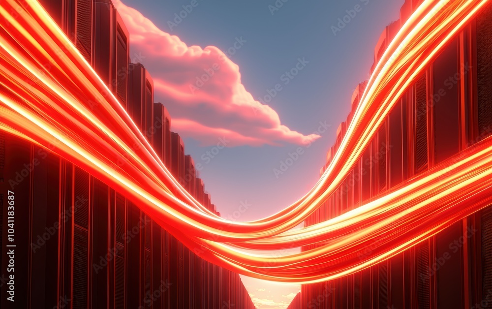 Poster high-tech data servers emitting vibrant data streams, symbolizing fast network speeds, cloud infrast