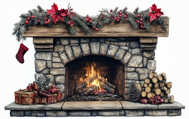 christmass fireplace professional stock photo on white background