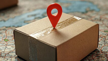 A red location pin sits on top of a brown cardboard box, symbolizing the delivery of a package