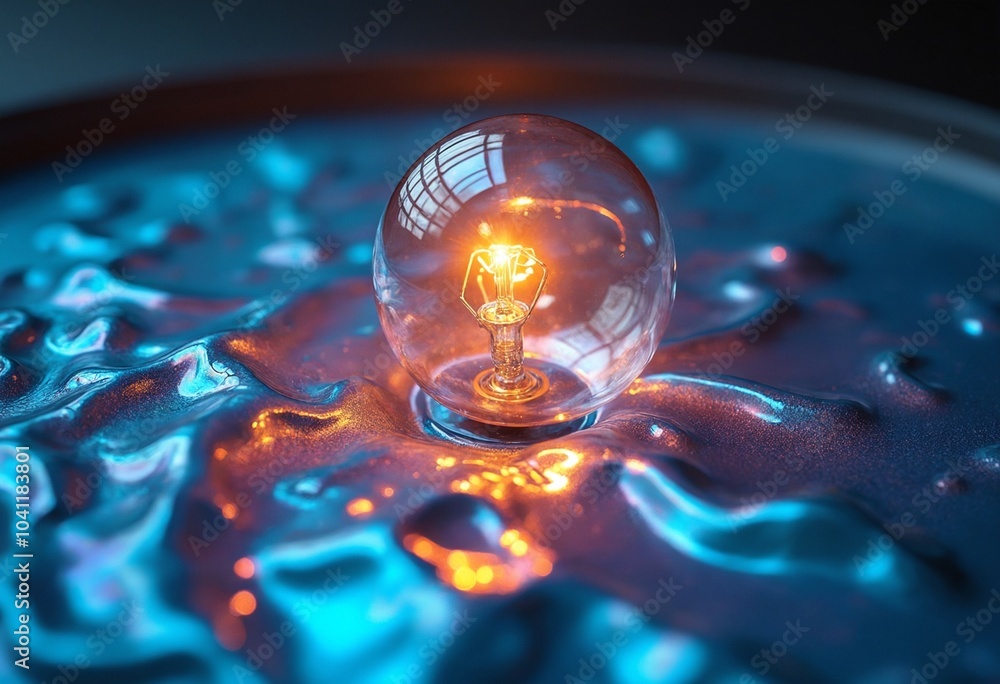 Aufkleber A single lightbulb, illuminated from within, rests upon a swirling symphony of iridescent liquid, creating a dynamic spectacle of color and form