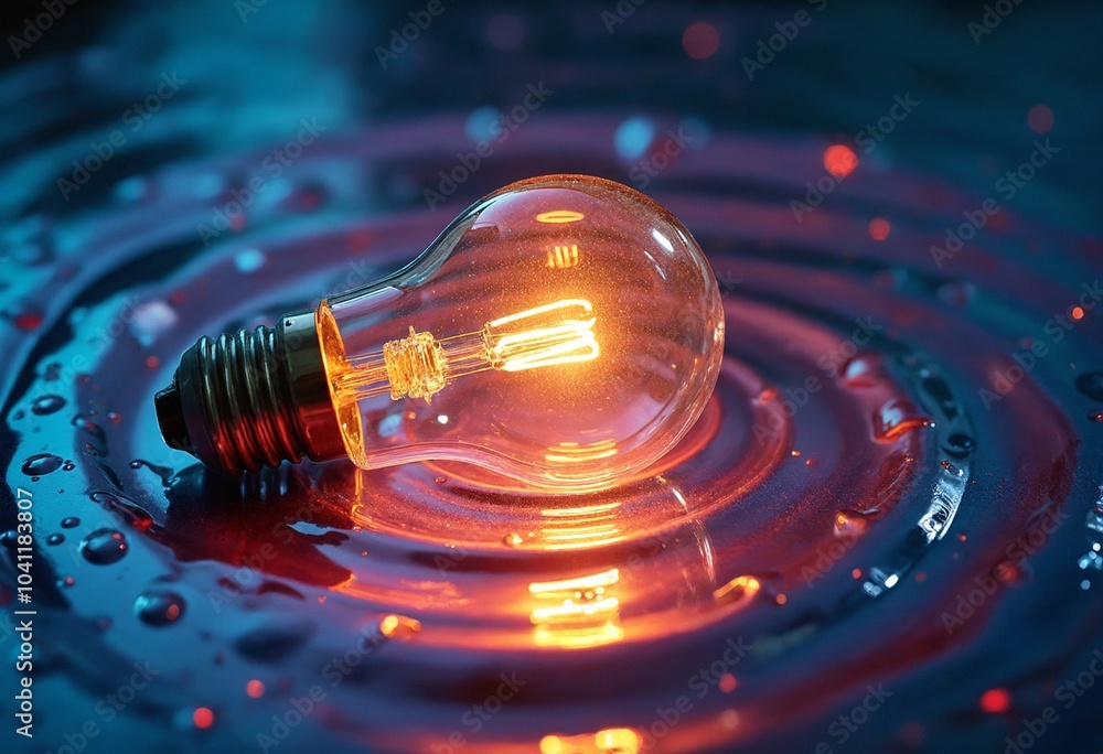 Aufkleber A single lightbulb, illuminated from within, rests upon a swirling symphony of iridescent liquid, creating a dynamic spectacle of color and form