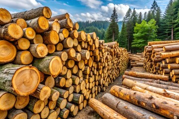 A stack of freshly cut logs in a lumber yard, showcasing timber ready for processing.