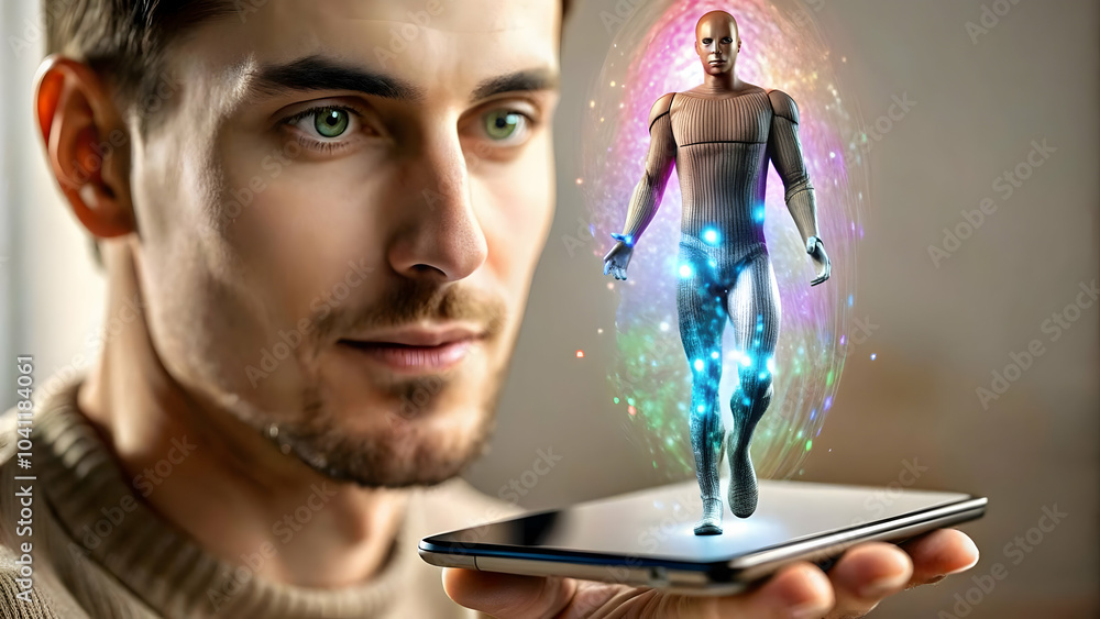 Poster ai assistant hologram above smartphone glossy image mobile ai customer support copy space concept fo
