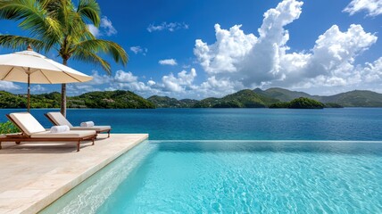 Exclusive sunny poolside oasis with pristine waters, ideal for luxurious relaxation and rejuvenation.