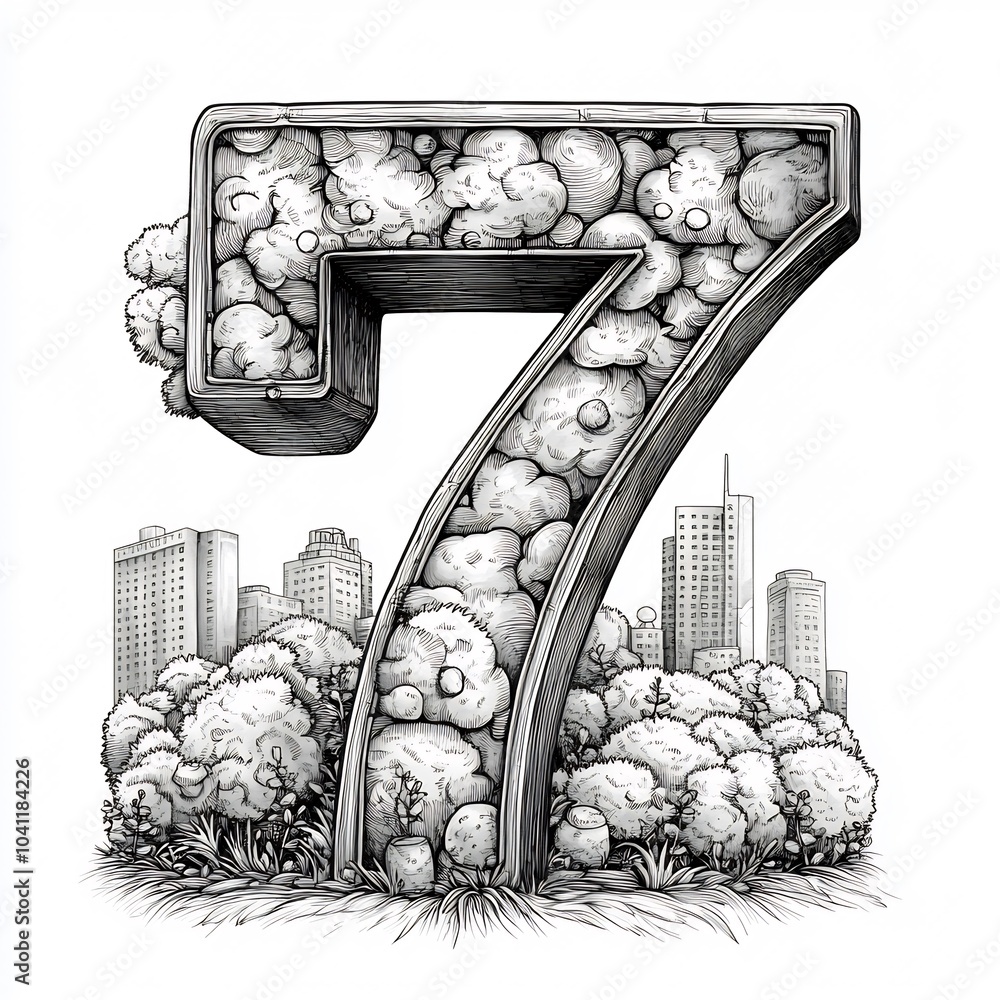 Poster handdrawn numeric number 7 outlined in black on a white background designed for children's coloring 