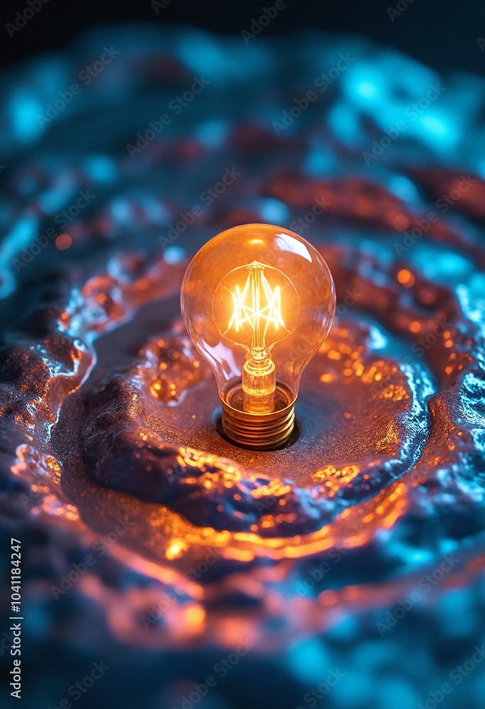 Aufkleber A single lightbulb, illuminated from within, rests upon a swirling symphony of iridescent liquid, creating a dynamic spectacle of color and form