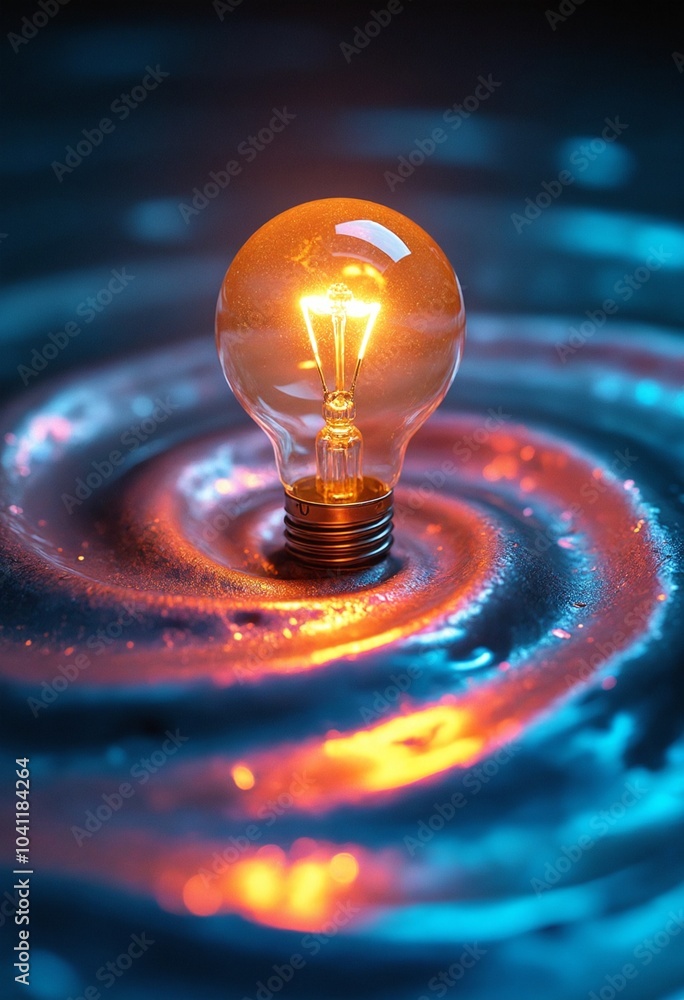 Aufkleber A single lightbulb, illuminated from within, rests upon a swirling symphony of iridescent liquid, creating a dynamic spectacle of color and form