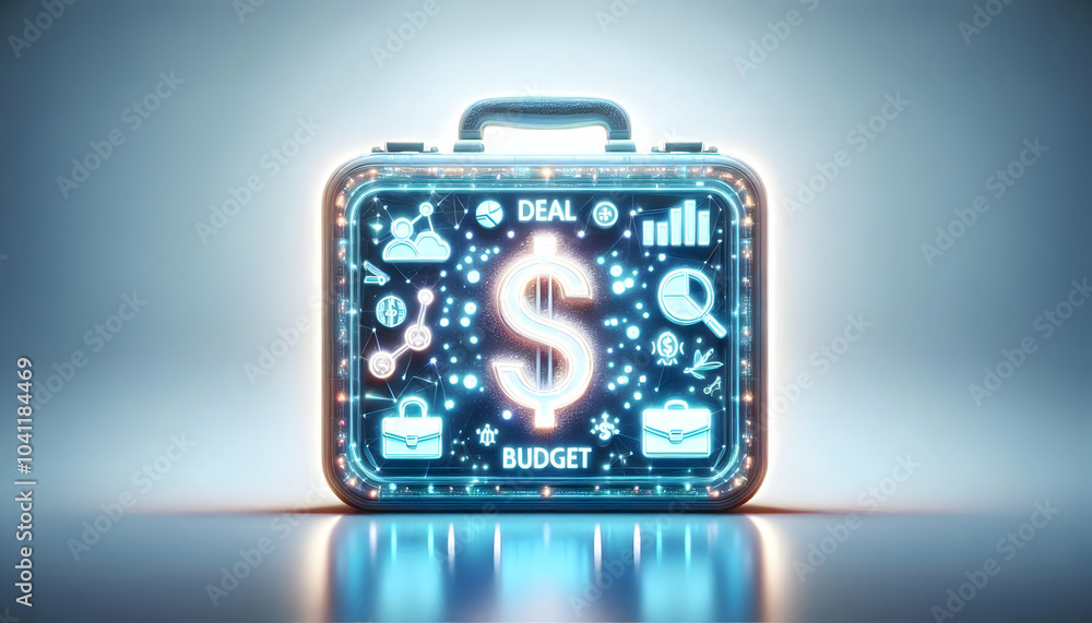 Poster 3d holographic briefcase with glowing deal budget symbols concept clean design ample copy space for 