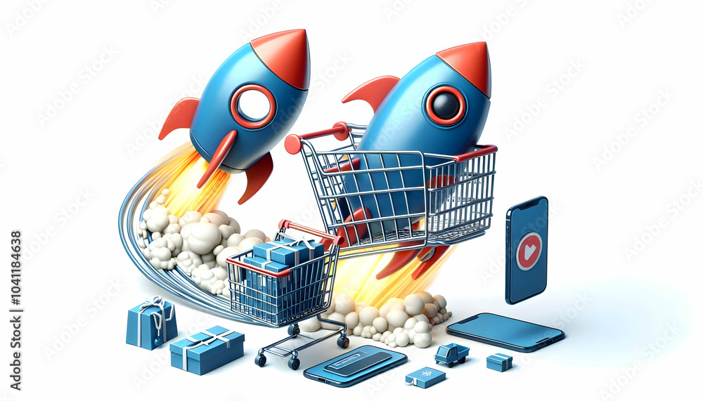 Poster 3d retail shopping cart rocket transformation vector graphic evolution acceleration e-commerce growt