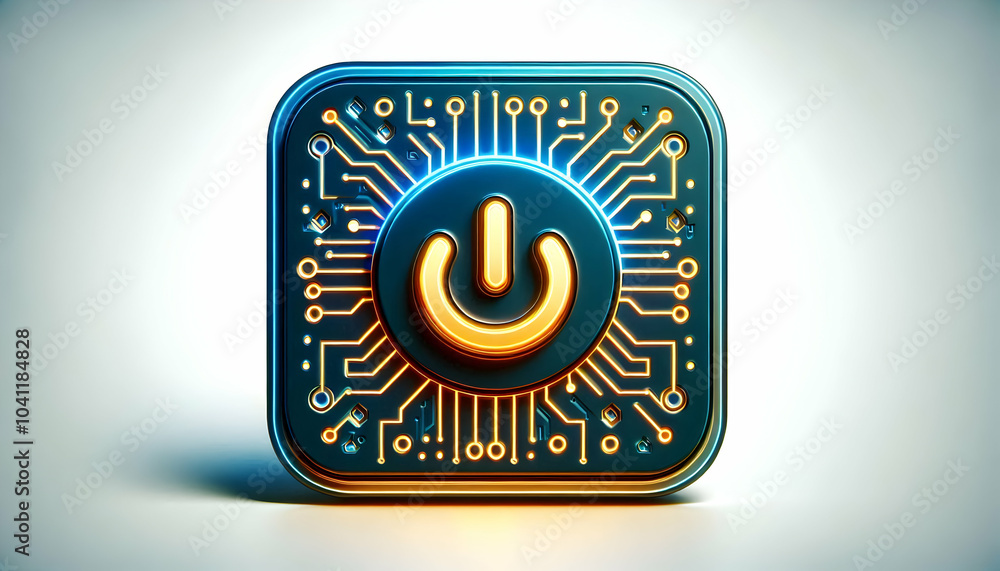Poster 3d glowing circuit board icon floating power button technological innovation energy trends infograph