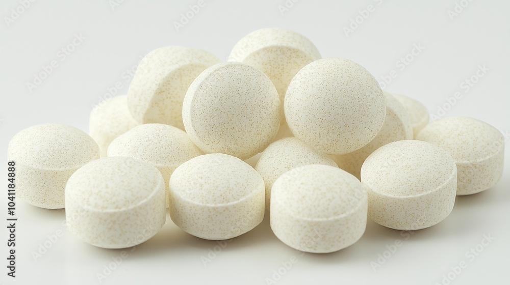 Poster white tablets arranged in a neat pile on a smooth surface creating a clean and minimalistic appearan