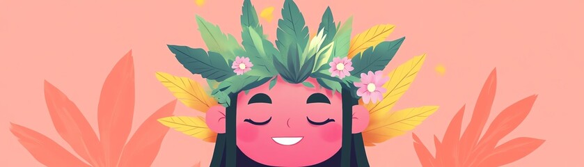 Obraz premium Drug character with playful crown of flowers and leaves, flat design