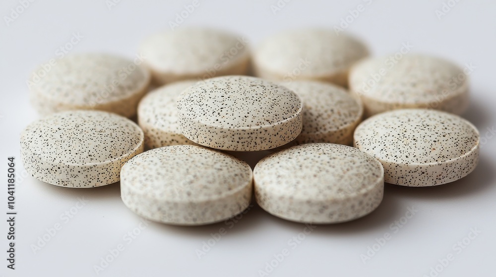 Poster close-up of round white tablets with speckles arranged on a flat surface, highlighting their shape a