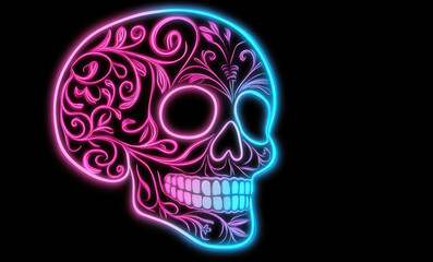 Bright glowing sugar skull with intricate swirls, neon pink and blue, dark background