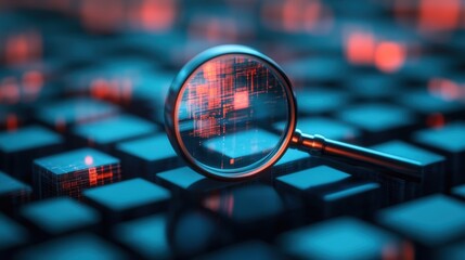 A 3D magnifying glass dissecting layers of data in a digital cube, symbolizing deep search capabilities