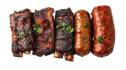 Grilled argentine asado with ribs and sausages for culinary enthusiasts - transparent background png