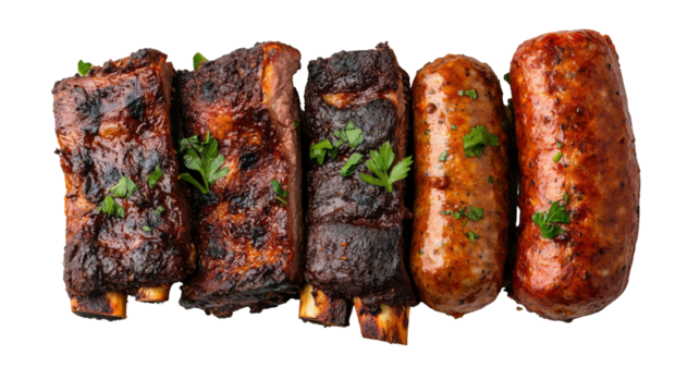 Grilled argentine asado with ribs and sausages for culinary enthusiasts - transparent background png