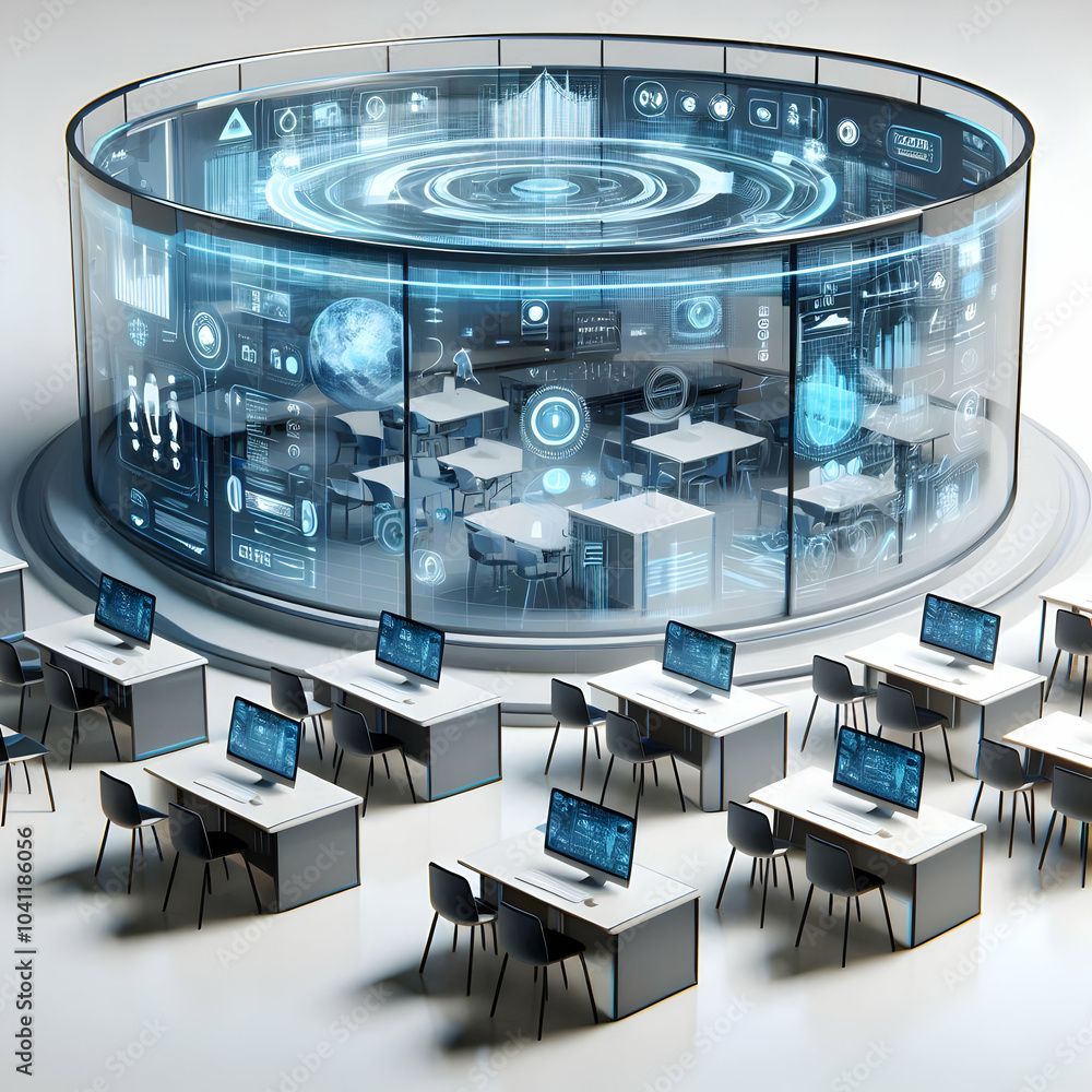 Poster 3d futuristic classroom interactive surfaces gliding shot high tech innovative learning environment 