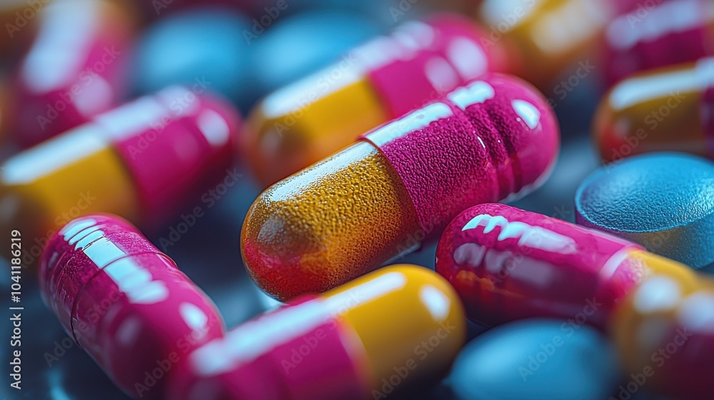 Poster close-up view of colorful capsules and tablets arranged on a reflective surface in a healthcare sett