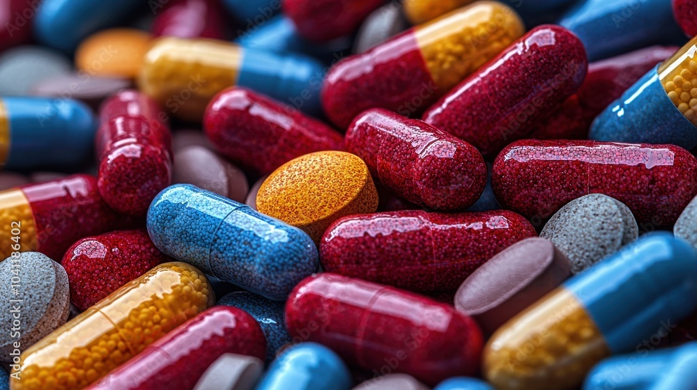 Poster a vibrant assortment of colorful capsules and tablets scattered on a textured surface showcasing var
