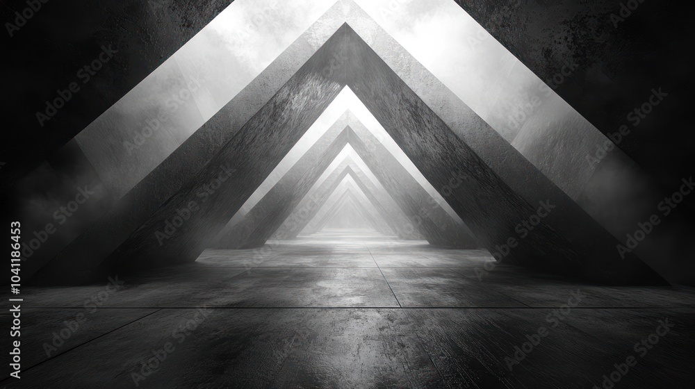 Poster a monochromatic corridor with triangular shapes and foggy atmosphere.