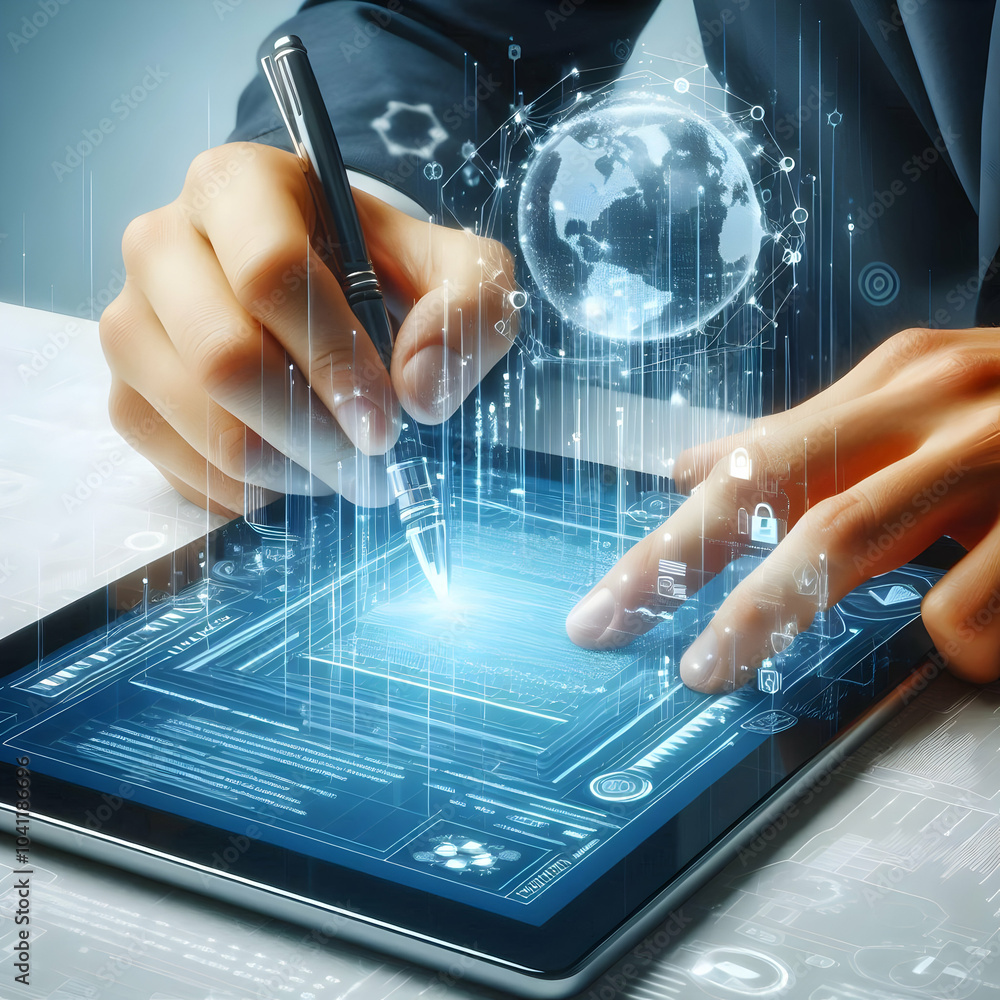 Aufkleber 3d macro business contract signed virtual tablet close-up view symbolizing digital business transact