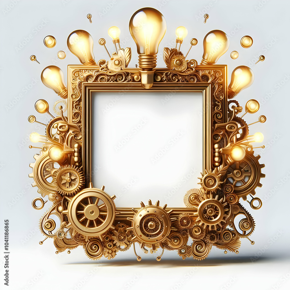 Poster 3d elegant golden frame with gears lightbulbs close up mastery engraved white space for text image i