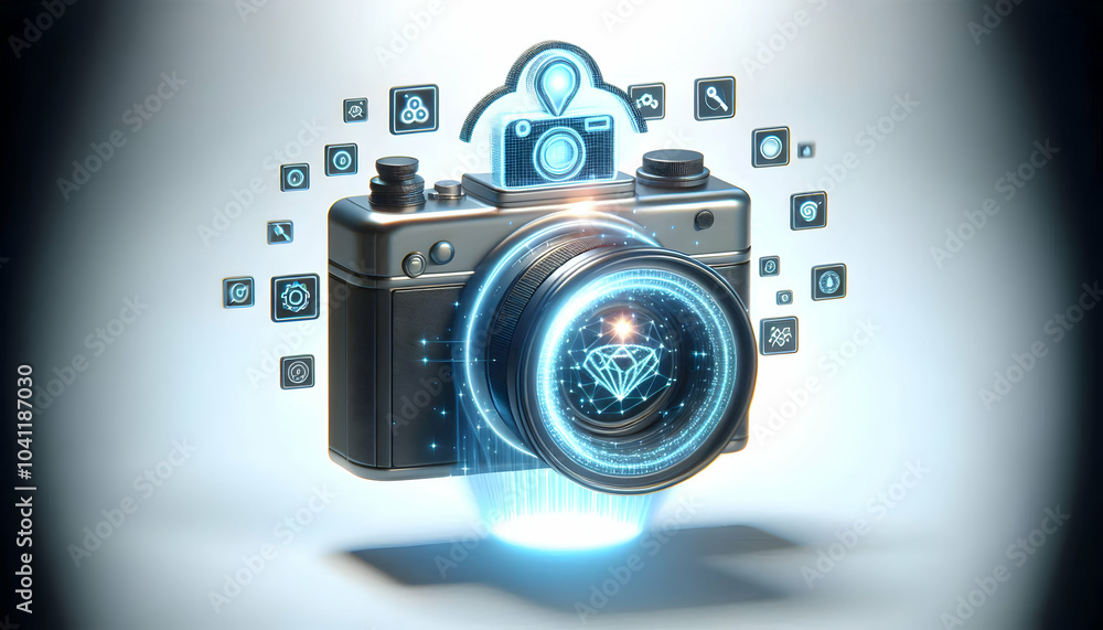 Poster 3d floating holographic camera ai image analysis growth icons concept clean white background visual 