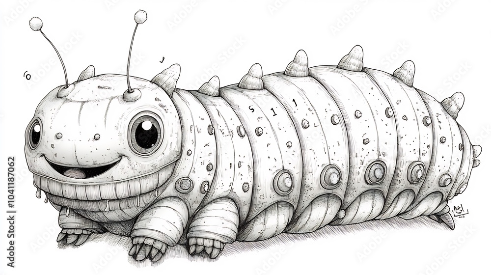 Poster happy smiling caterpillar with 10 segmented body parts each labeled with a number from 1 to 10 simpl