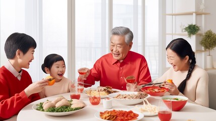 asian family in traditional red dress celebrating Chinese New Year enjoying food at home Chinese new year in white minimal living room interior