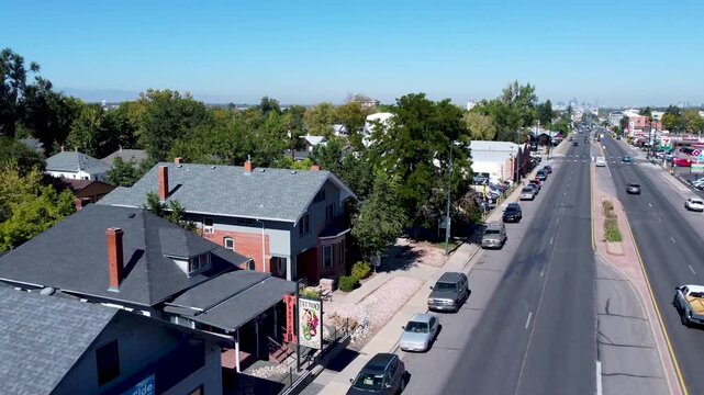 Drone view of South Broadway in Denver, Colorado