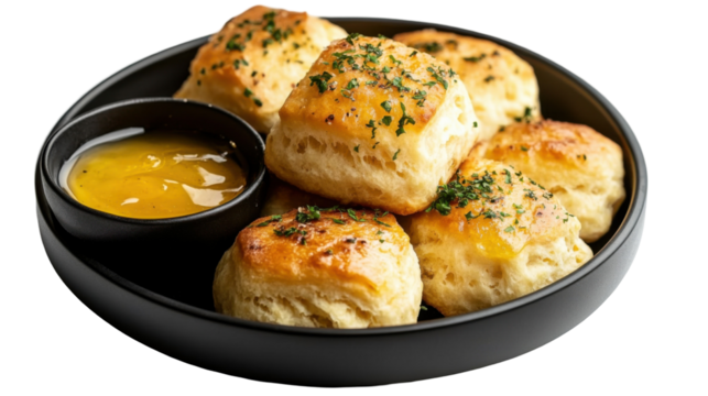 Freshly baked buttermilk biscuits with honey dipping sauce for culinary delight and inspiration - transparent background png