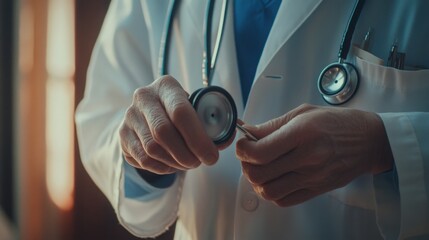 Close-up of a doctora??s hands, adjusting their stethoscope while walking towards the camera.