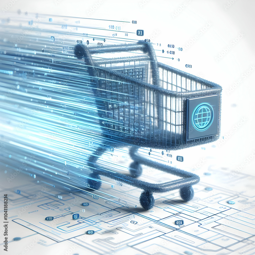 Poster 3d blurred shopping cart data stream trail wide shot dynamic e-commerce scene icon isolated white ba
