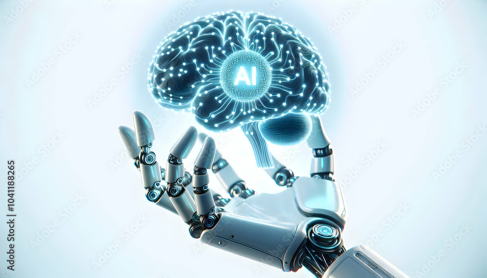 Poster 3d macro shot robotic hand glowing ai brain icon close-up precision technology development holograph