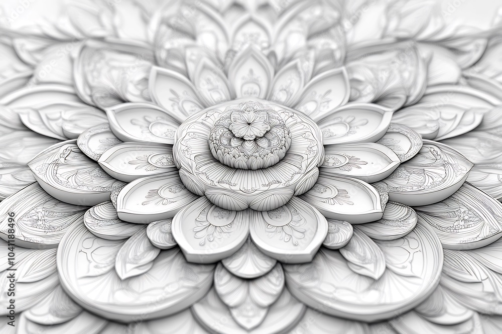 Poster highly detailed mandala with intricate patterns and flowing shapes handdrawn in black outlines on a 