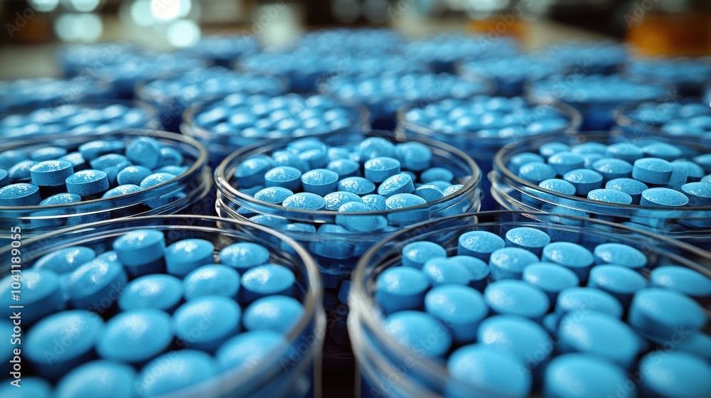 Poster blue tablets arranged in clear containers, creating a colorful display in a pharmacy setting during 