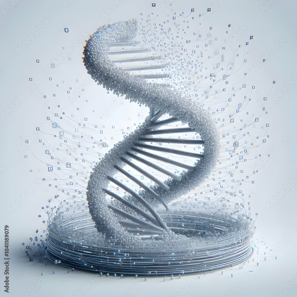 Poster 3d soft focus dna helix transforms into data stream concept close up biological innovation meets dig