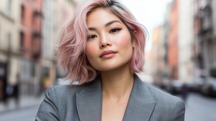 Fototapeta premium Confident young woman with pink hair in stylish attire standing on urban street.