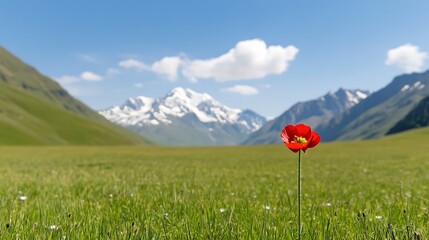 Scenic Meadow with Flower and Snow-Capped Mountains