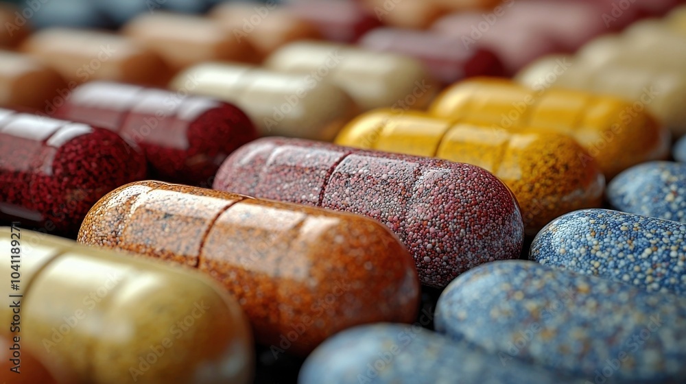 Poster variety of colorful capsules arranged in an intricate pattern showcasing different designs and color
