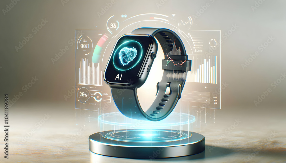 Poster 3d holographic smartwatch floating icons concept glowing light highlighting edges isolated white bac