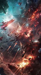 robots fight with monsters in destroyed space, background explosions due to battle, realistic effects 